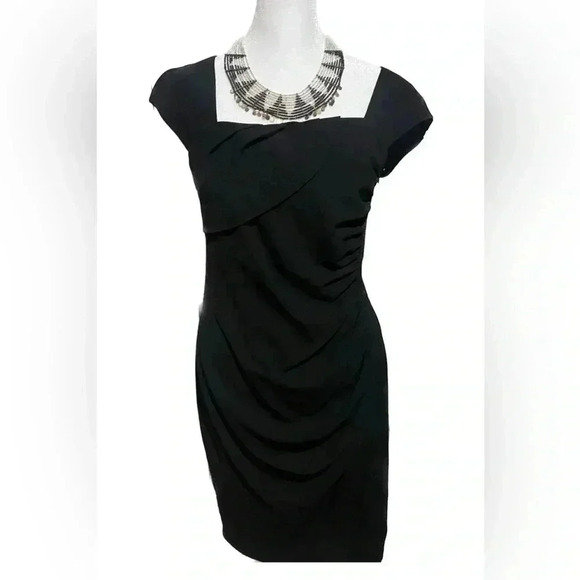 THML black cap sleeve medium side ruched square neck dress - Picture 1 of 6